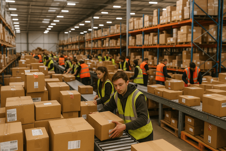 Busy warehouse managing peak season fulfilment with high volume of parcels